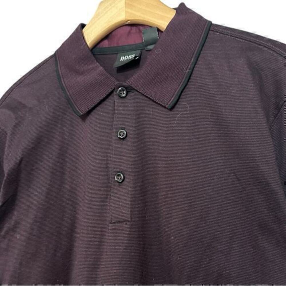 Boss Hugo Boss Mens Size S Plum Black Micro Stripe Cotton Long Sleeve Polo Shirt